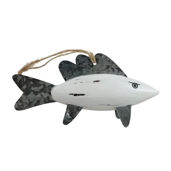 Christmas Ornament Fish White Wood Silver Metal Fins Lightweight Decor Distress - Picture 1 of 7